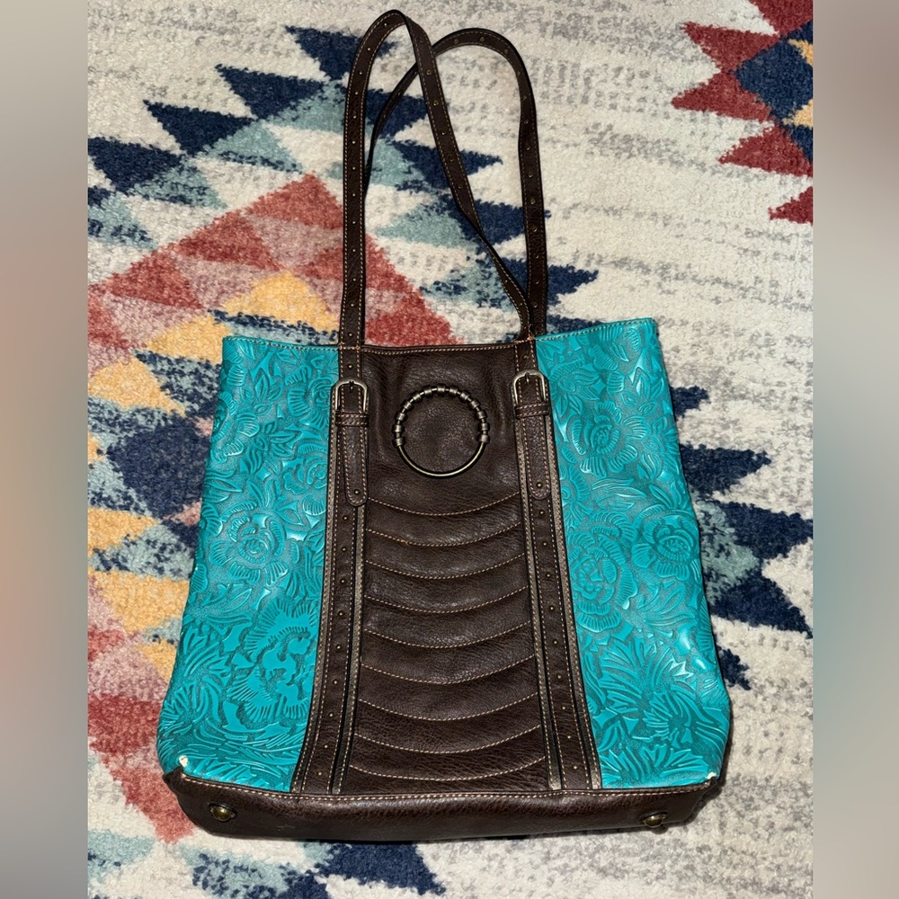 Tony Lama Turquoise and Brown Floral Tooled Tote